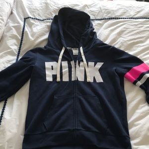 Pink hoodie in navy